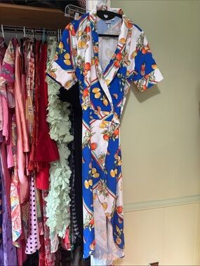 Blue & White Fruit Print Wrap Dress